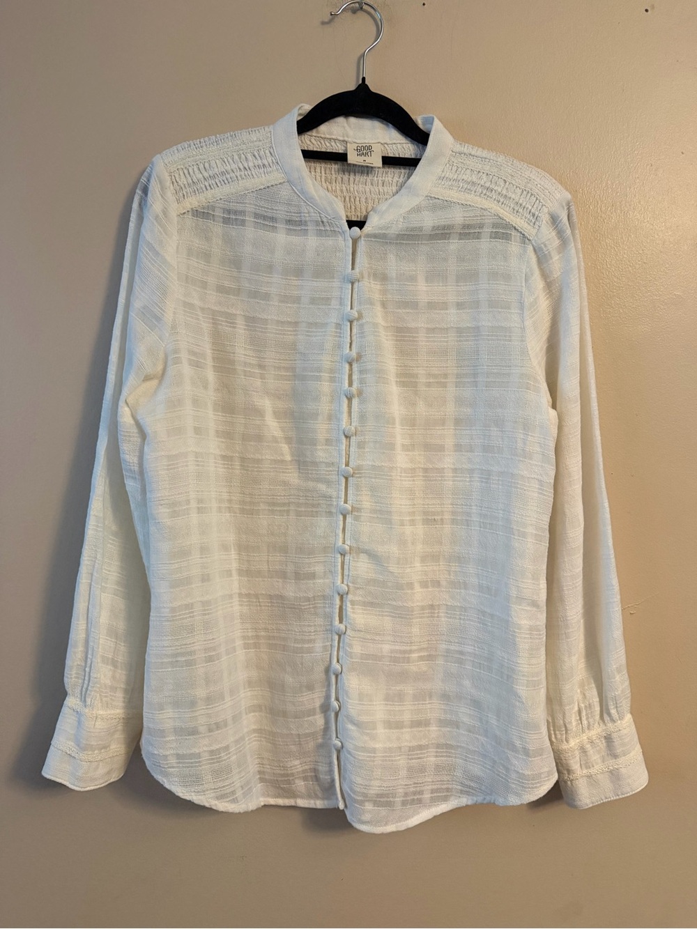 Covered Button White Mandarin-Collar Shirt